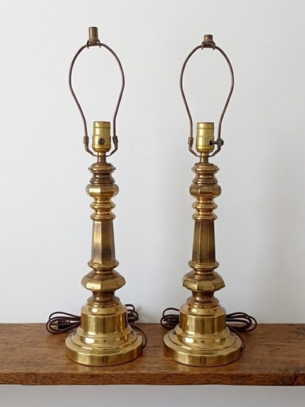 Vtg Pair Solid Brass Table Lamps Made in USA 24" Turned Column Traditional MCM